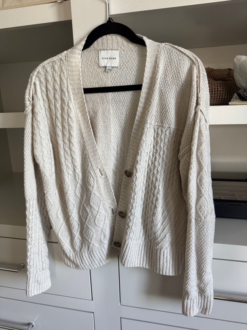 Pink Rose Ivory Cable-Knit Button Front Cardigan